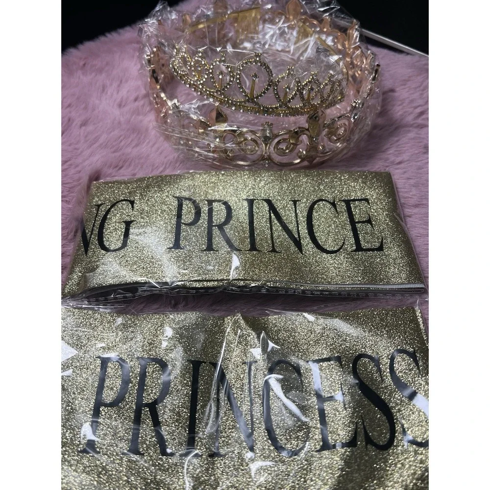 Retrowavy‎ 4 Piece Home Coming Prince,princess Tiara Shiny Satin Role (gold)